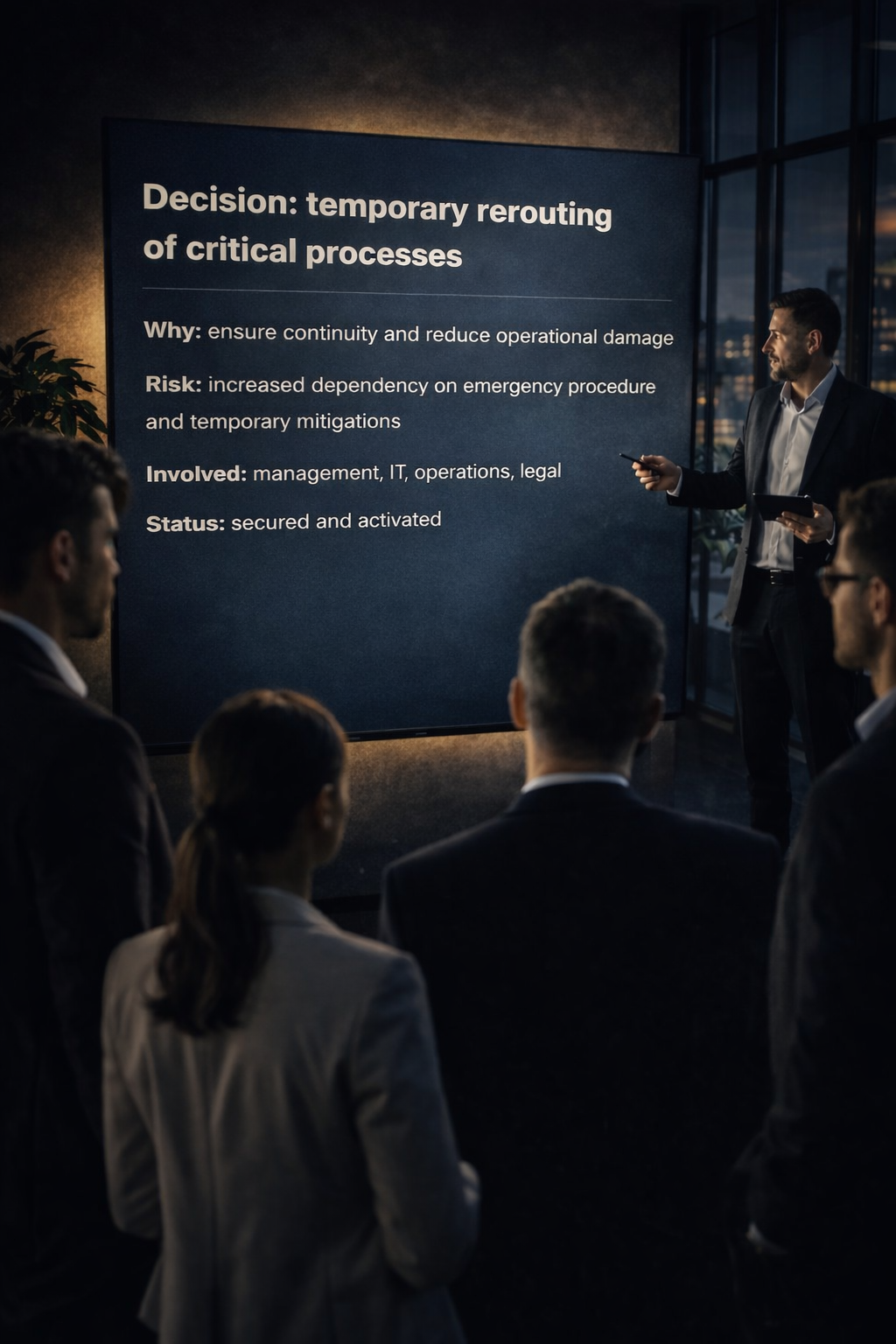 Boardroom under decision pressure after a supplier incident